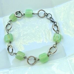 Hand Crafted Green Squares & Silver Loops Wire Wrapped Stainless Steel Bracelet